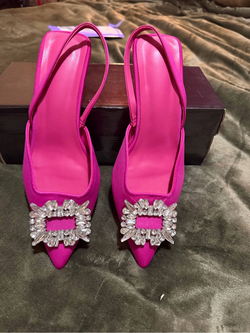 Fuchsia Pointed Slingback Heels with Crystal Buckle
